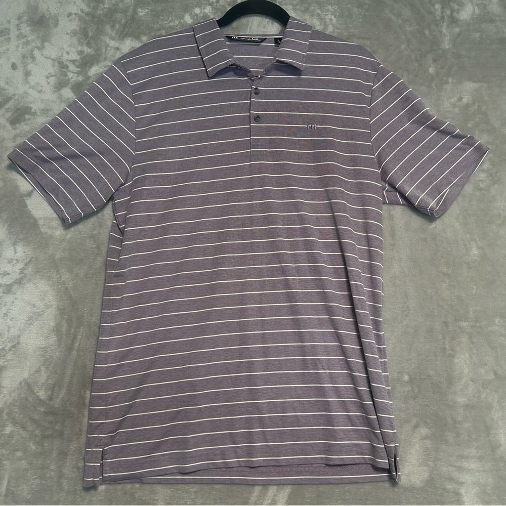 Travis Mathew Short Sleeve Striped Polo Shirt Men’s Large Purple Golf Preppy